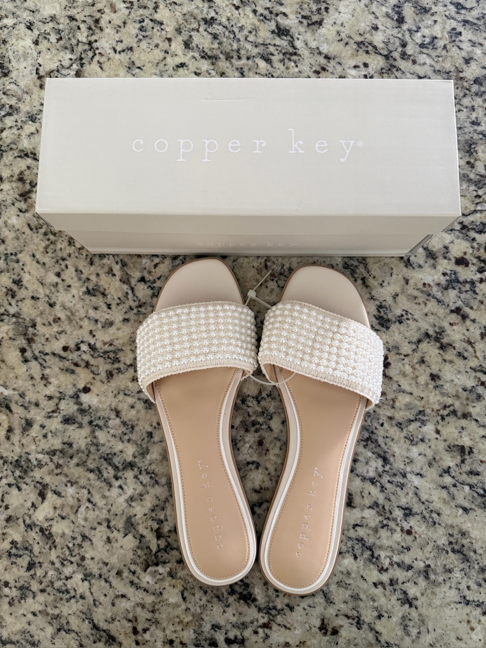 Copper Key Pearl-Trim Slide Sandals